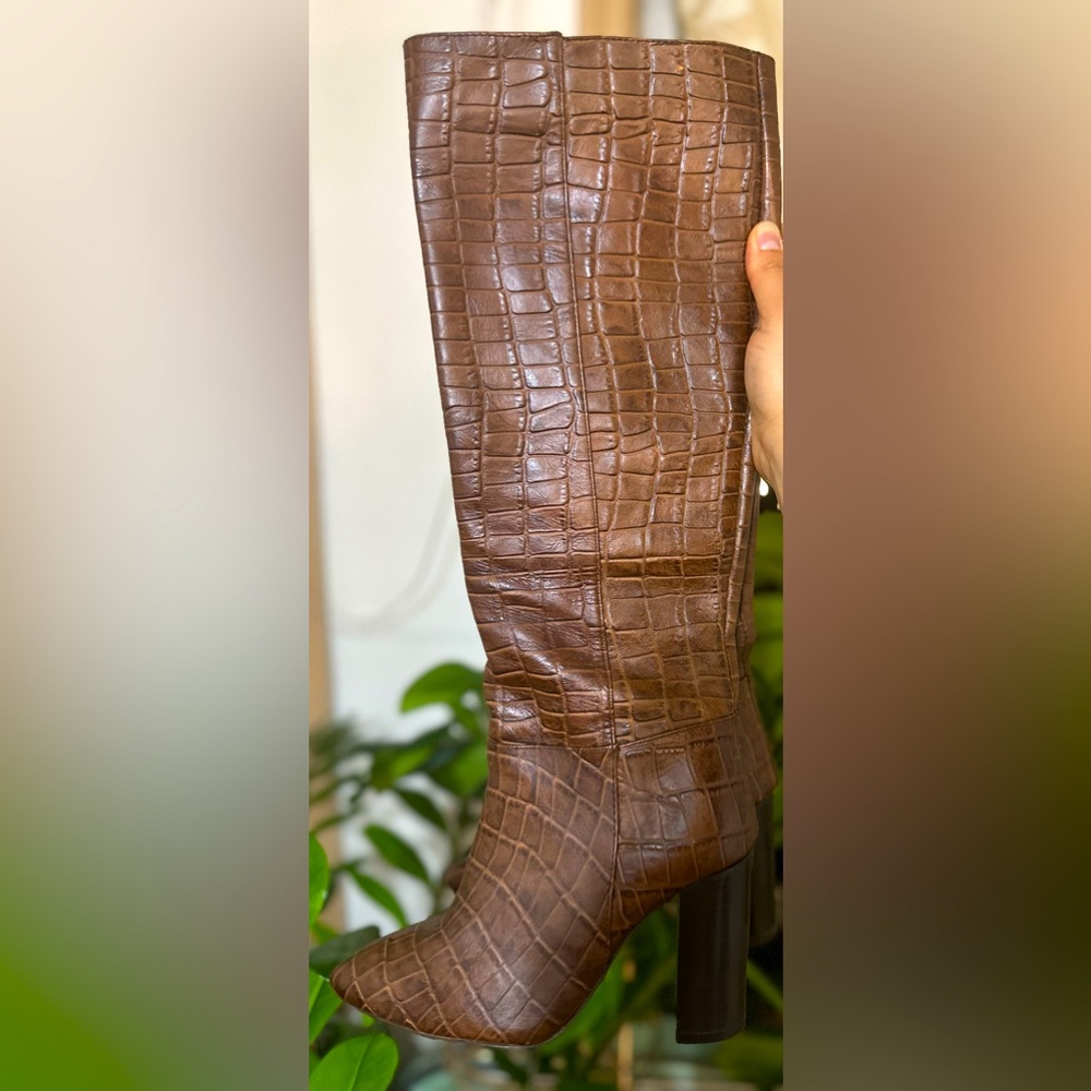 Brown Crocodile Embossed Genuine Leather Steve Madden Tall Knee High Boots